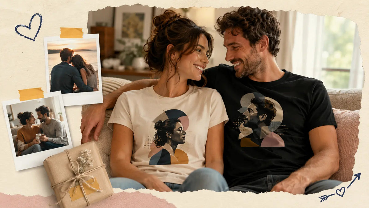 Couple wearing personalized matching shirts with anniversary memories and a wrapped gift