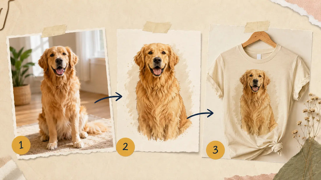Golden retriever photo, custom portrait preview, and finished personalized pet T-shirt