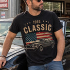 Man wearing a black personalized classic car photo T-shirt
