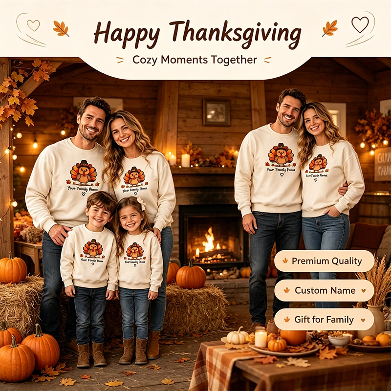 Personalized Family Thanksgiving Turkey Sweatshirt - Custom Matching Holiday Outfits