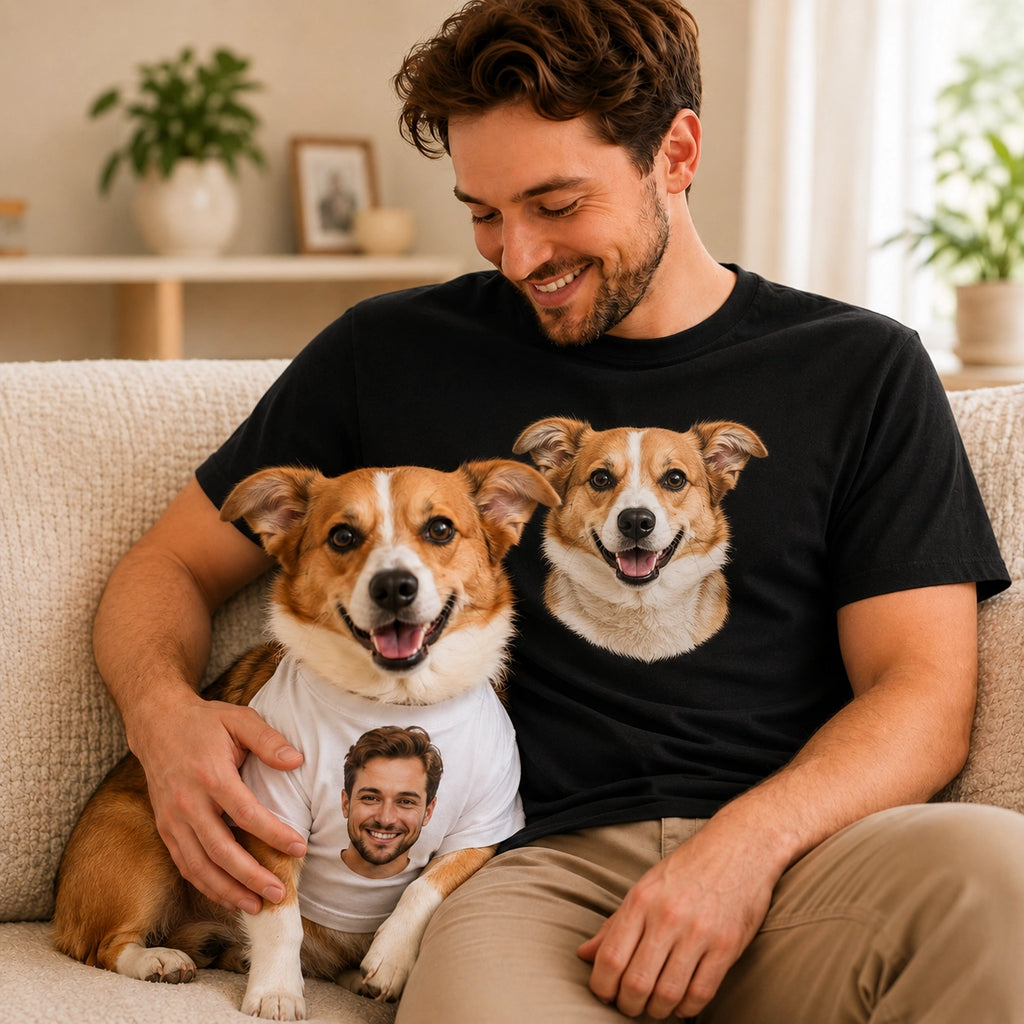 Custom Pet Portrait Matching T-Shirts for Men & Pets | Personalized Photo Shirt Set