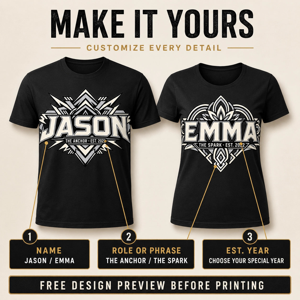 Personalized Name & Year Matching Couple T-Shirts – Custom Two-Shirt Set