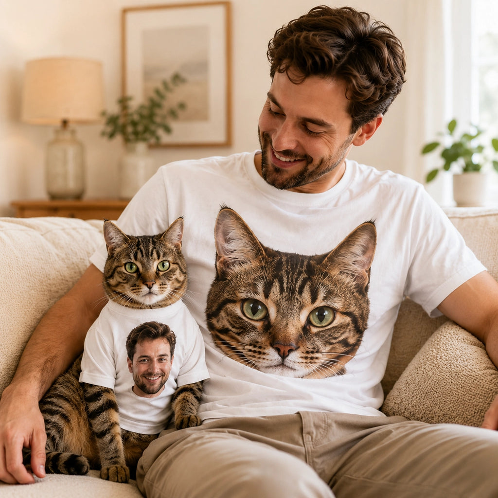Custom Pet Portrait Matching T-Shirts for Men & Pets | Personalized Photo Shirt Set