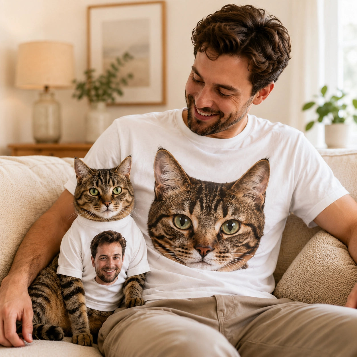 Custom Pet Portrait Matching T-Shirts for Men & Pets | Personalized Photo Shirt Set