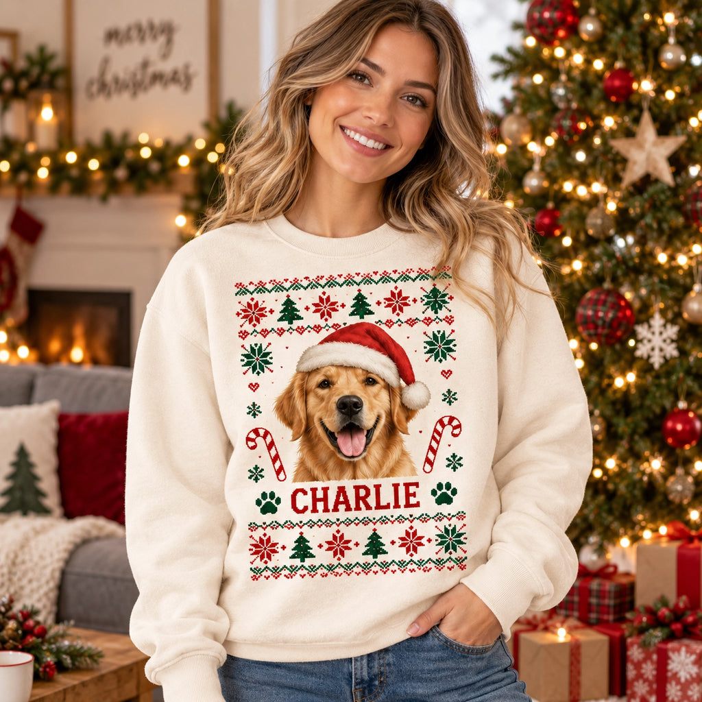 Personalized pet photo Christmas sweatshirt with custom pet name – image 3