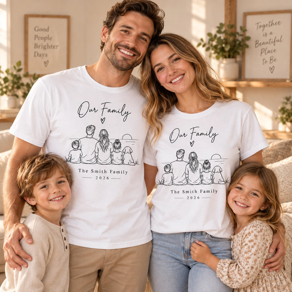Custom Family Line Art T-Shirt – Personalized Photo Shirt With Name & Year