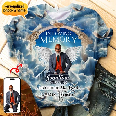 Memorial Upload Photo Wings Heaven, In Loving Memory A Big Piece Of My Heart Lives In Heaven Personalized T-shirt
