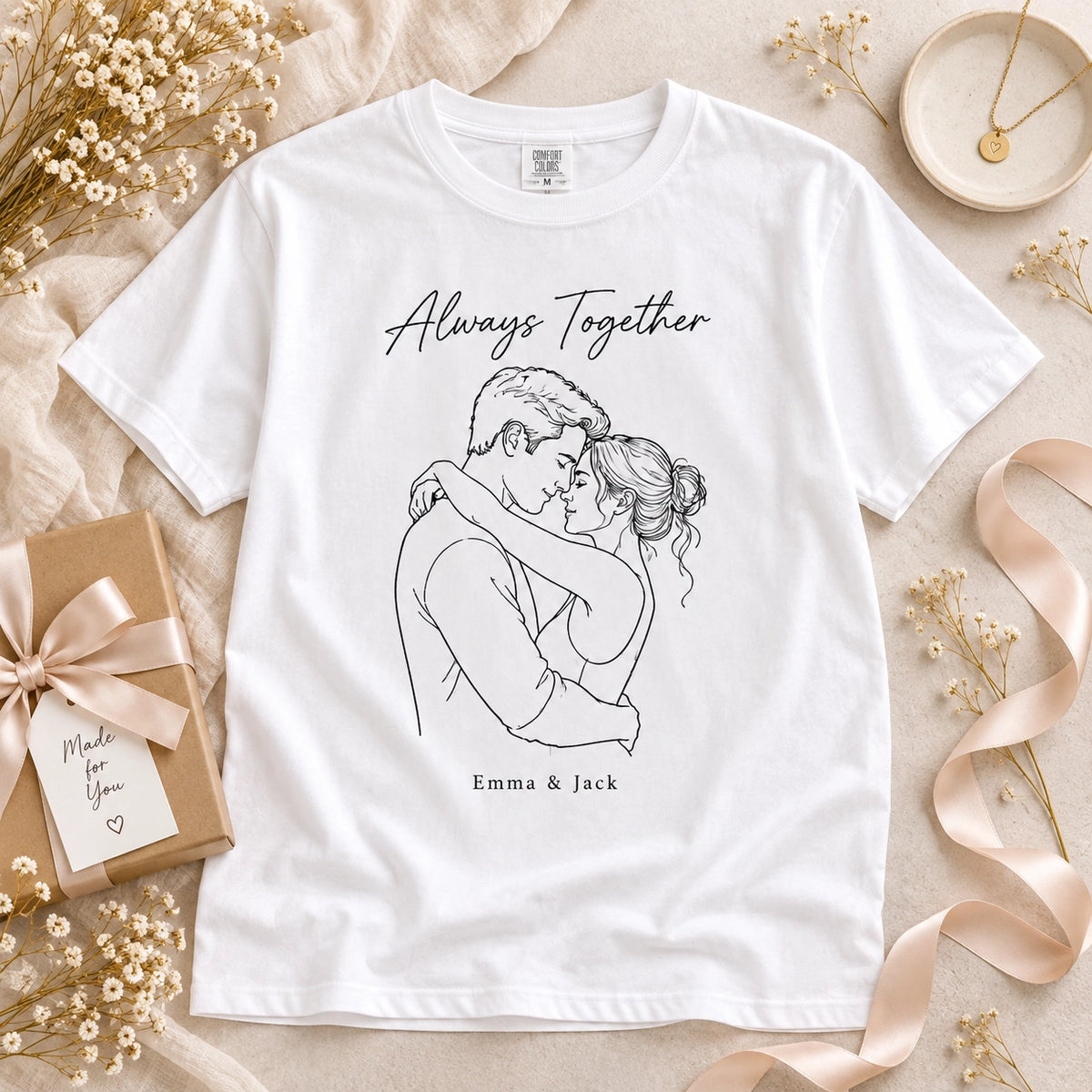 Custom Couple Line Art T-Shirt – Personalized Photo Shirt With Name & Date