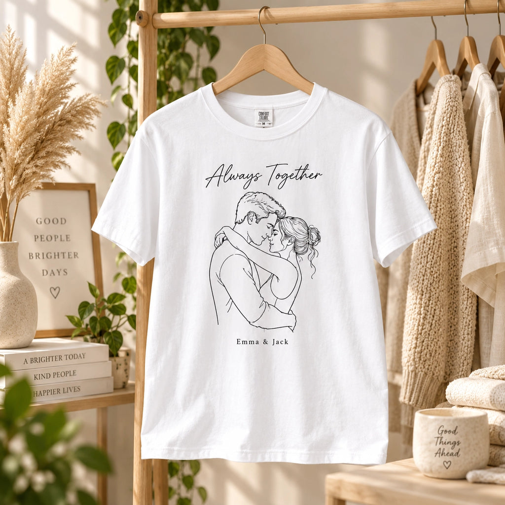 Custom Couple Line Art T-Shirt – Personalized Photo Shirt With Name & Date