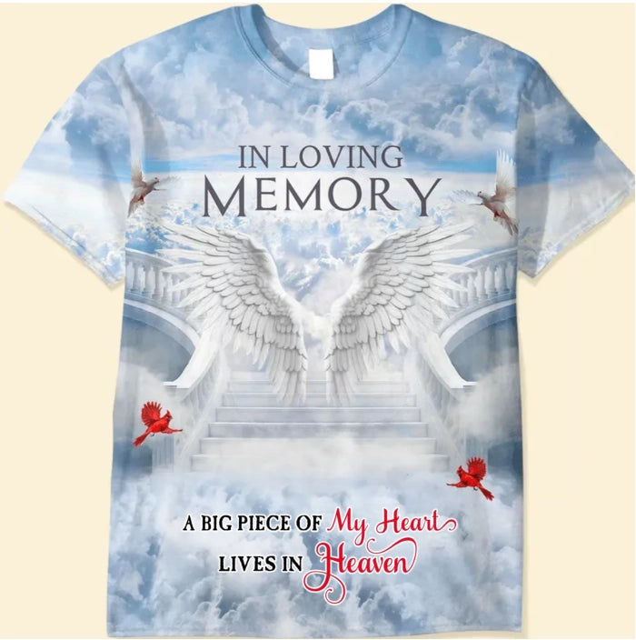 Memorial Upload Photo Wings Heaven, In Loving Memory A Big Piece Of My Heart Lives In Heaven Personalized T-shirt