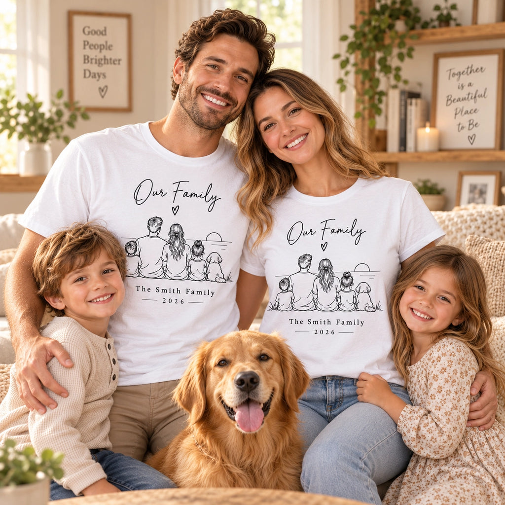 Custom Family Line Art T-Shirt – Personalized Photo Shirt With Name & Year