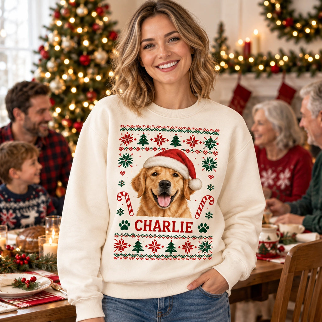 Personalized pet photo Christmas sweatshirt with custom pet name – image 5