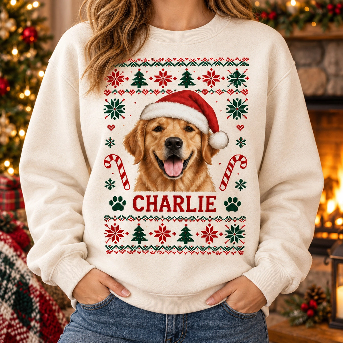 Personalized pet photo Christmas sweatshirt with custom pet name – image 1