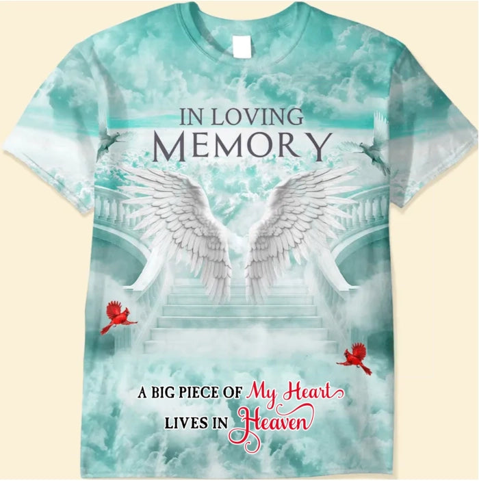 Memorial Upload Photo Wings Heaven, In Loving Memory A Big Piece Of My Heart Lives In Heaven Personalized T-shirt