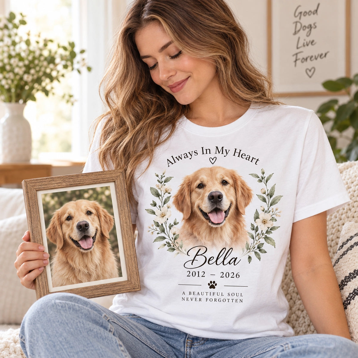 Personalized pet memorial T-shirt with custom photo, name and dates – image 1