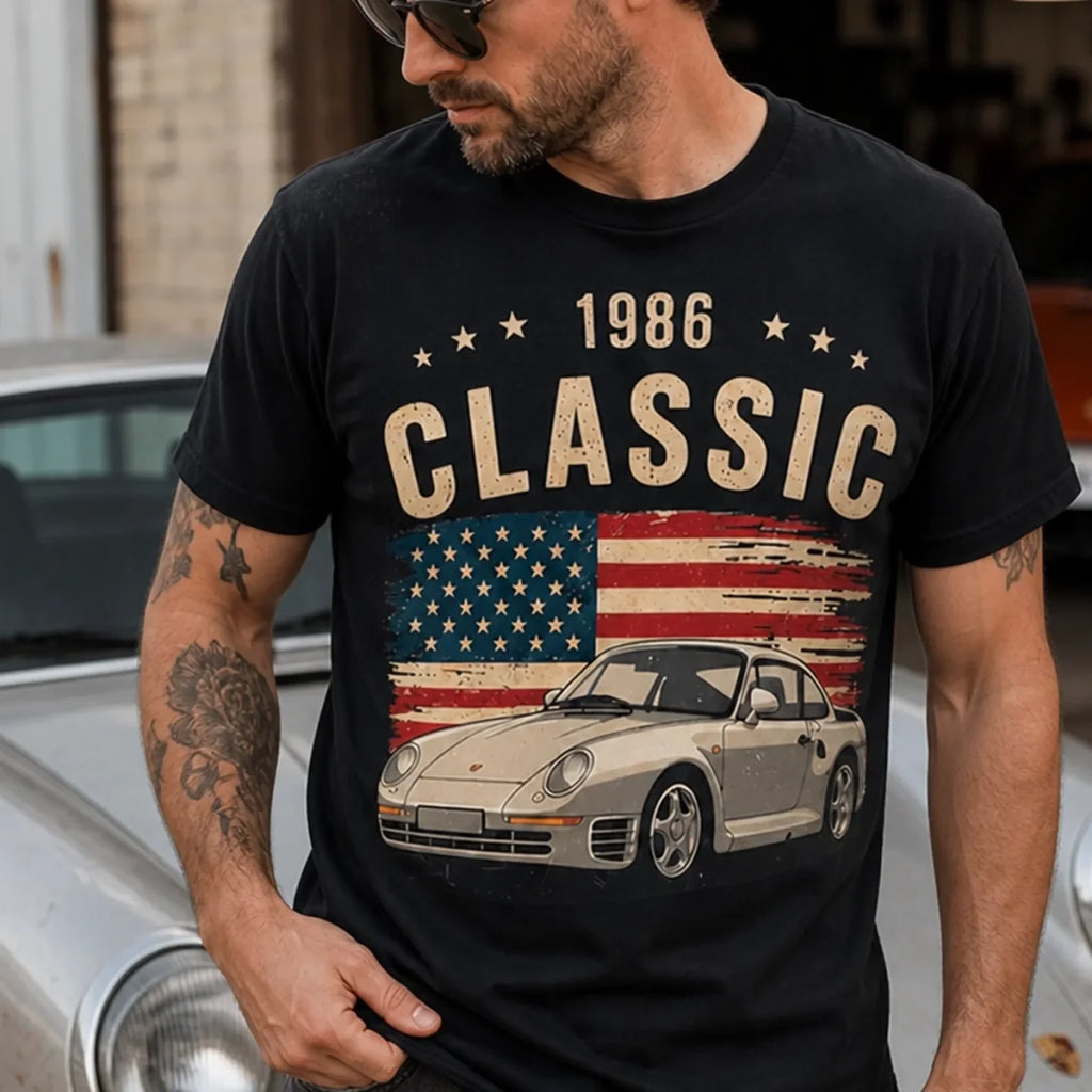 Men’s personalized car photo T-shirt with vintage flag design