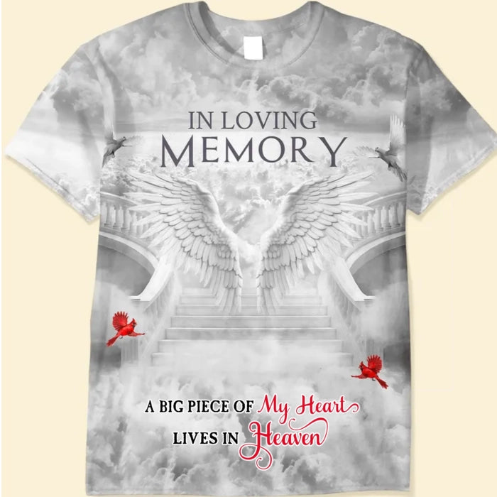 Memorial Upload Photo Wings Heaven, In Loving Memory A Big Piece Of My Heart Lives In Heaven Personalized T-shirt