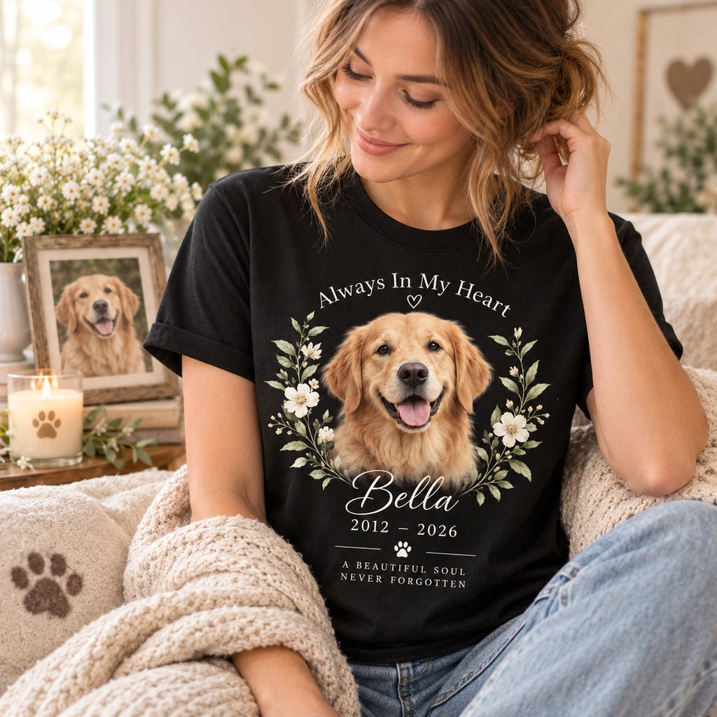 Personalized pet memorial T-shirt with custom photo, name and dates – image 3