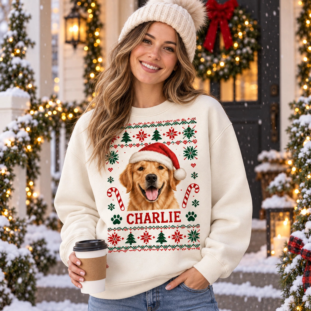 Personalized pet photo Christmas sweatshirt with custom pet name – image 6