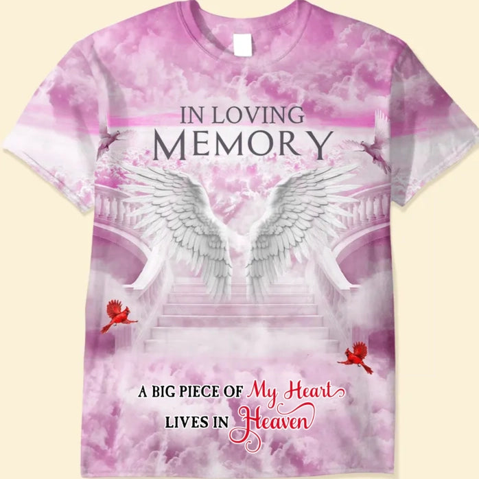 Memorial Upload Photo Wings Heaven, In Loving Memory A Big Piece Of My Heart Lives In Heaven Personalized T-shirt