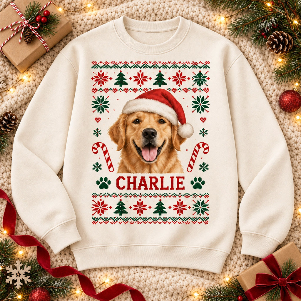Personalized pet photo Christmas sweatshirt with custom pet name – image 7