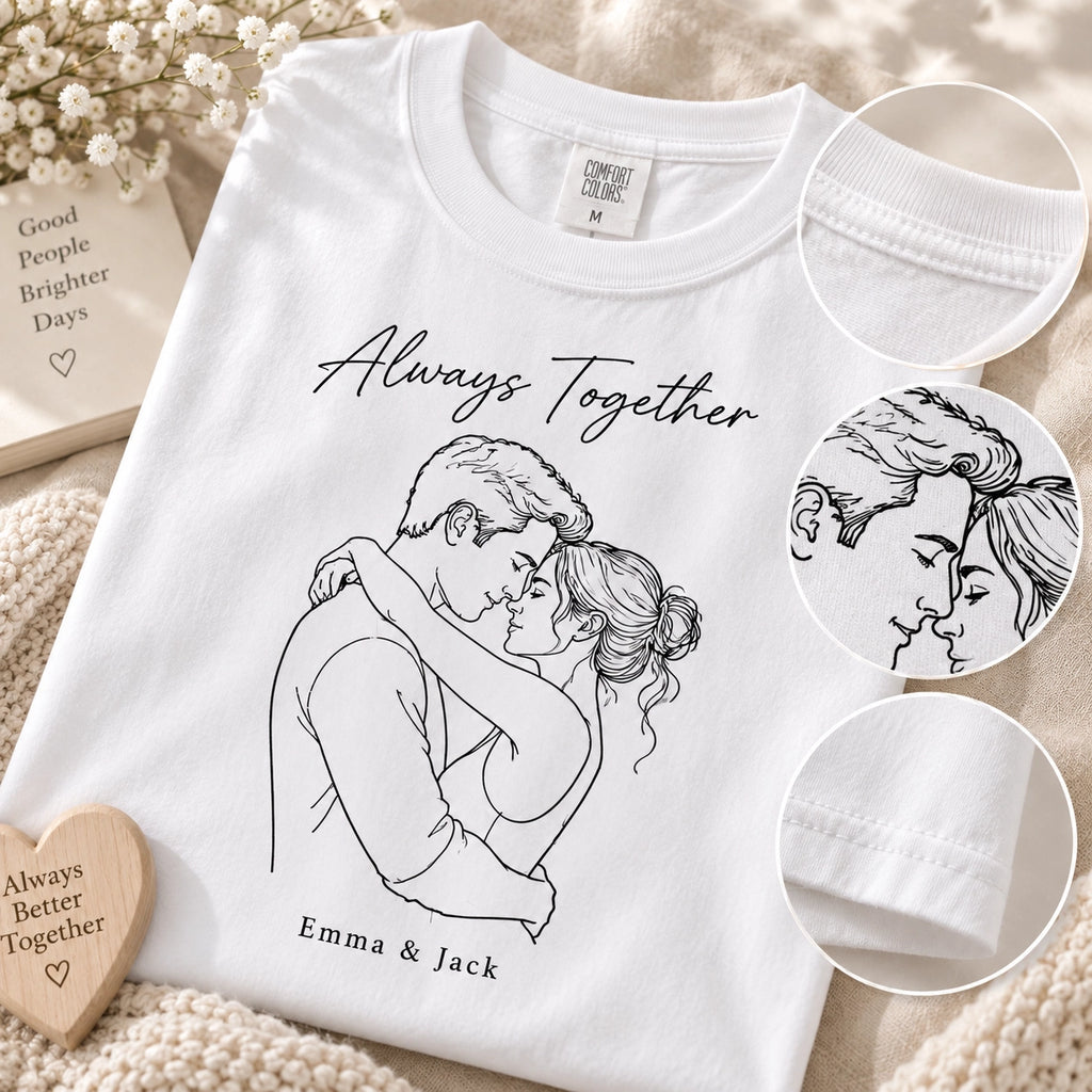 Custom Couple Line Art T-Shirt – Personalized Photo Shirt With Name & Date