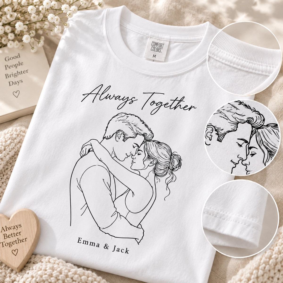 Custom Couple Line Art T-Shirt – Personalized Photo Shirt With Name & Date