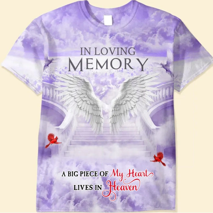 Memorial Upload Photo Wings Heaven, In Loving Memory A Big Piece Of My Heart Lives In Heaven Personalized T-shirt