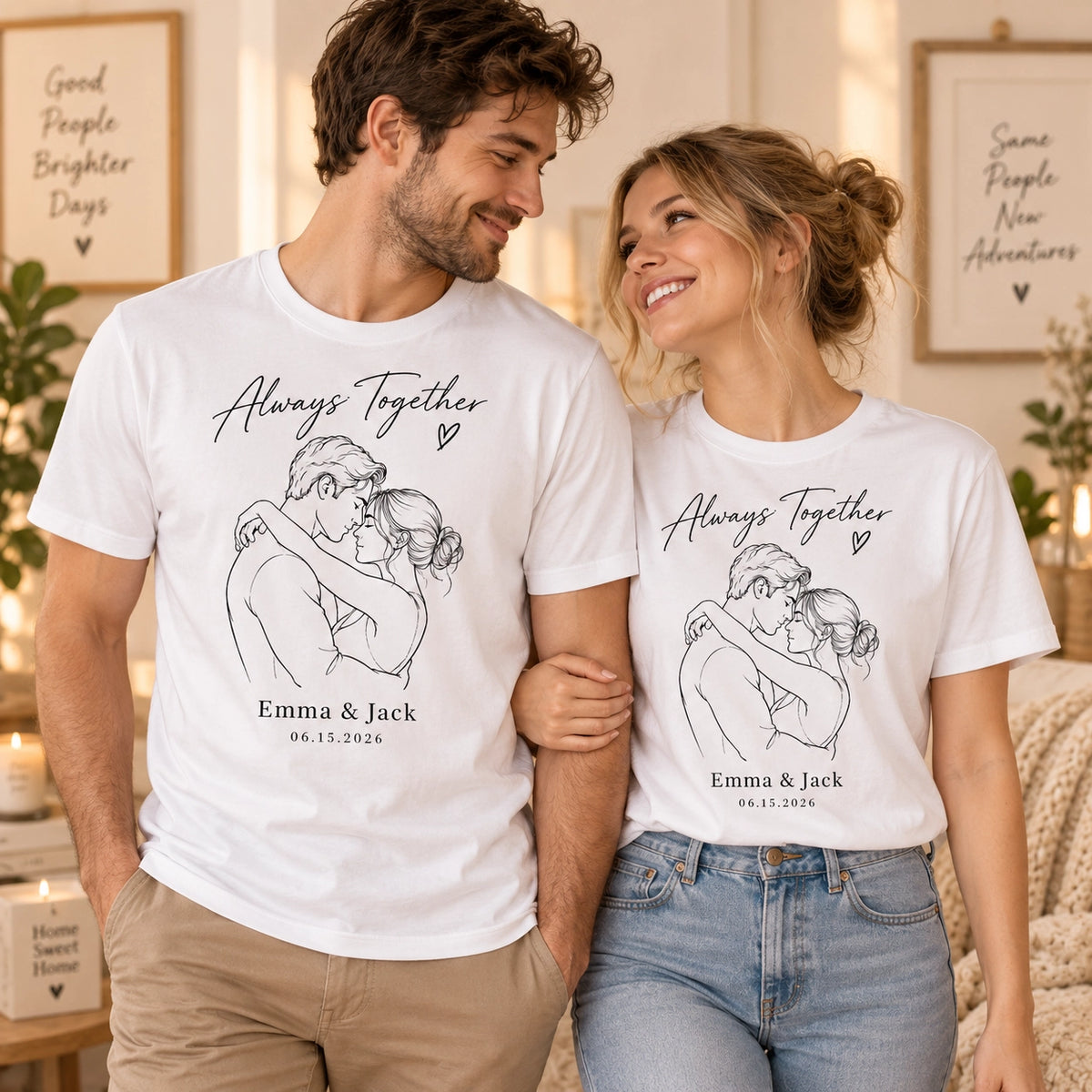 Custom Couple Line Art T-Shirt – Personalized Photo Shirt With Name & Date