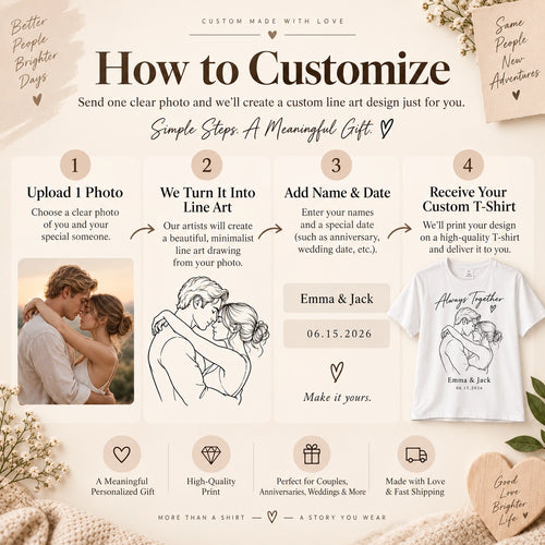 Custom Couple Line Art T-Shirt – Personalized Photo Shirt With Name & Date