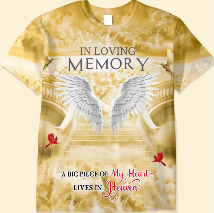 Memorial Upload Photo Wings Heaven, In Loving Memory A Big Piece Of My Heart Lives In Heaven Personalized T-shirt