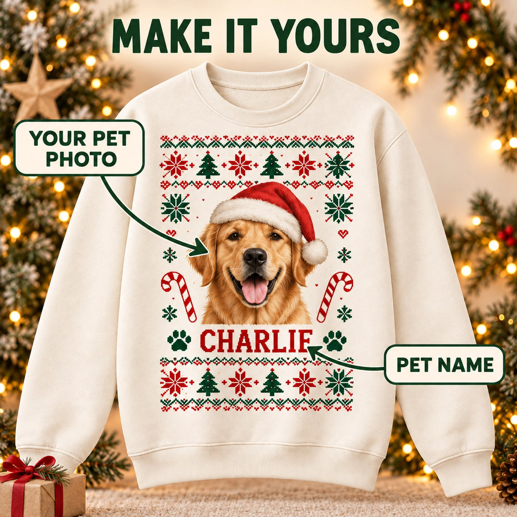 Personalized pet photo Christmas sweatshirt with custom pet name – image 2