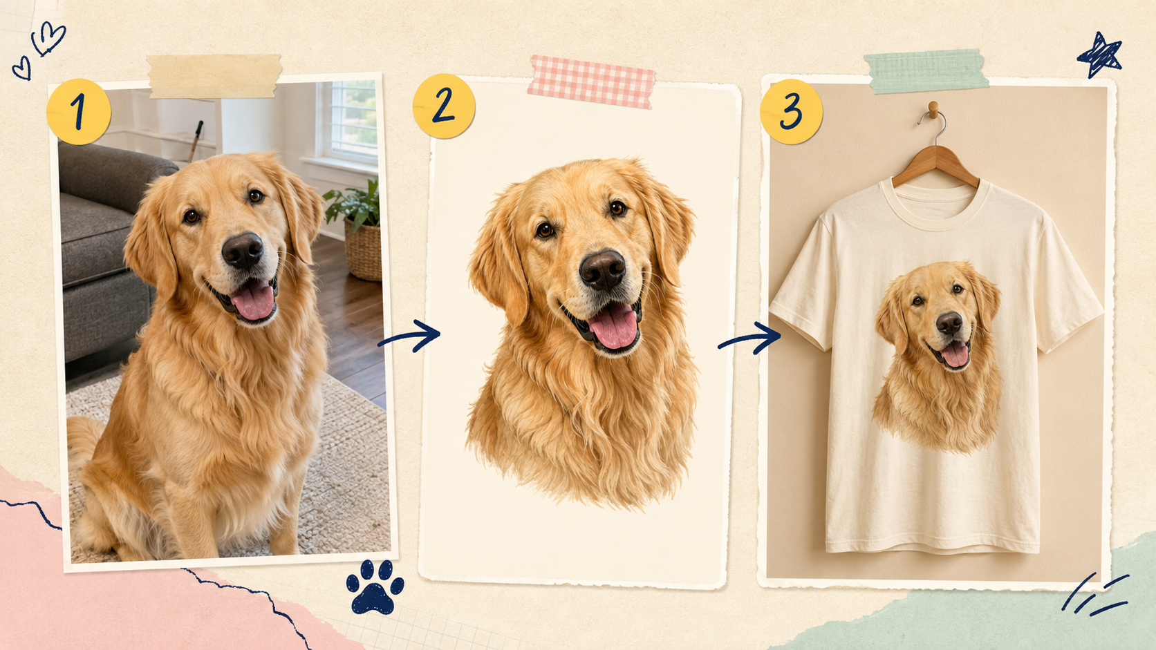 AI-generated example showing a pet photo transformed into artwork and printed on a custom T-shirt